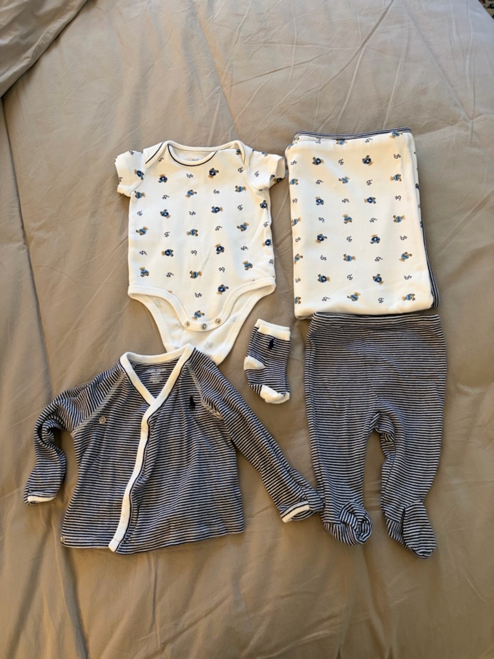 Ralph Lauren Navy & Cream Bear Outfit Set & Blanket 3M
